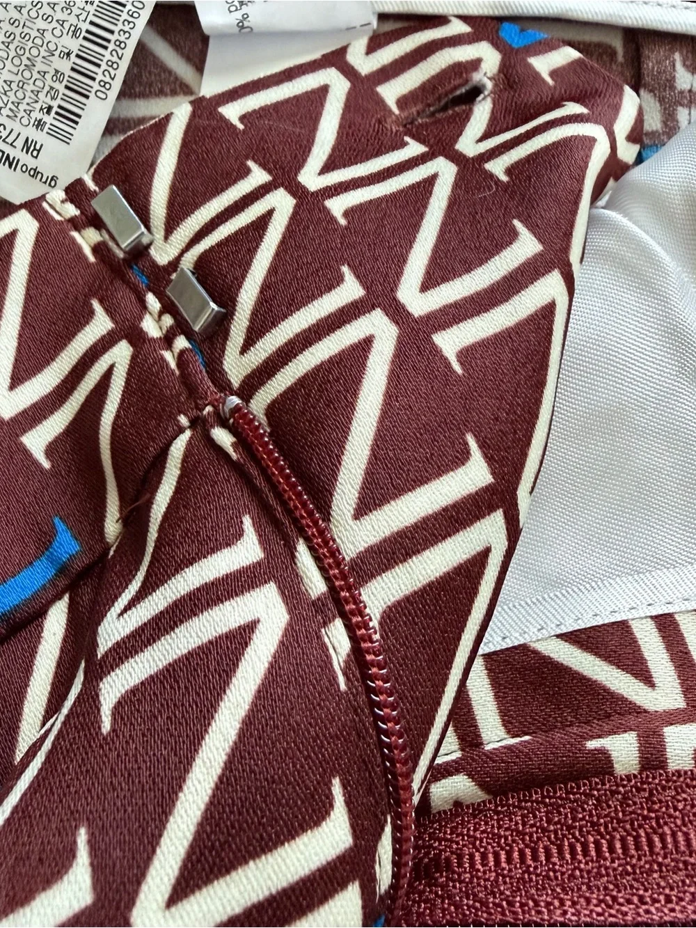 Zara Woman NWT Geometric Print Straight Leg Pants Burgundy Blue Size L